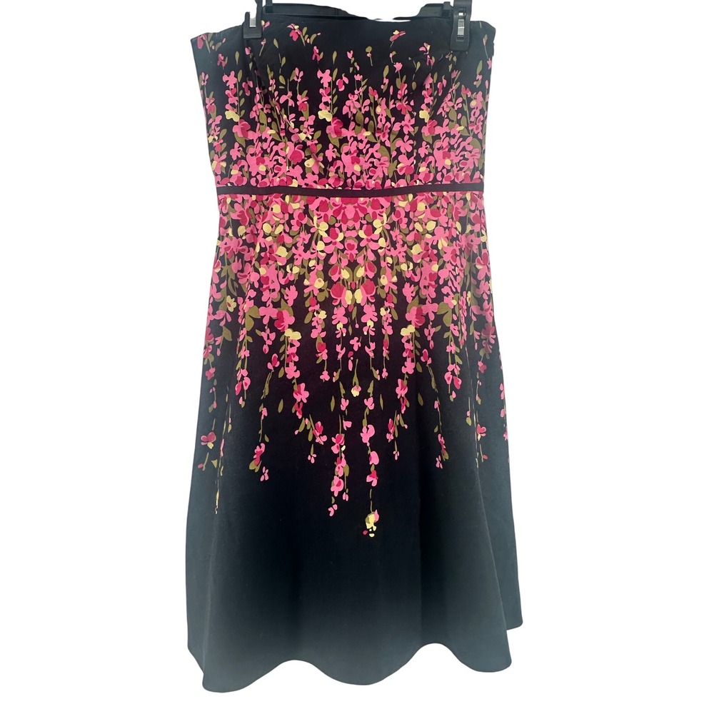 LOFT Strapless Black Dress with Pink and Green Floral Print